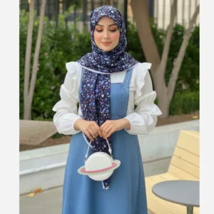 روسری نخ طرح ماهور سرمه ای اشکال هندسی ریز روزمره و مهمانی