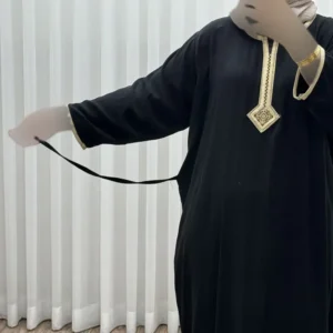 پیراهن کفتان نخی زنانه گلدوزی شده فری سایز مناسب تا سایز 50 با کمربند