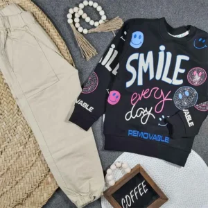 بلوز شلوار دخترانه طرح SMILE جنس پنبه سوپر و کتان کد 9065