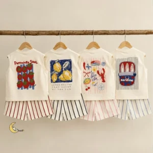 تاپ و شلوارک نخی دخترانه و پسرانه طرح راه راه تابستانی سایز 2 تا 6 سال