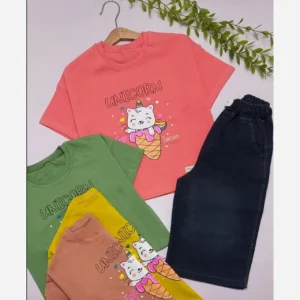 ست تیشرت و شلوارک جین دخترانه مرواریددوزی شده سایز 35 تا 50