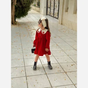 پیراهن دخترانه یلدایی مخمل کبریتی مناسب 2 تا 6 سال