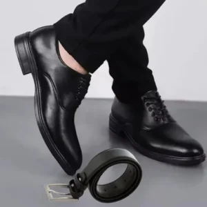 ست کفش مردانه مدل رویال و کمربند چرم صنعتی مشکی