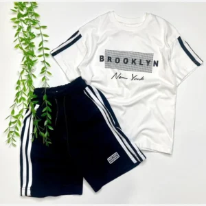 ست تیشرت شلوارک اسپرت دخترانه و پسرانه طرح brooklyn پنبه دورس ترک