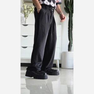 شلوار بگ پارچه ای زنانه مدل پیله دار جنس کاترین رنگ مشکی سایز L تا 3XL