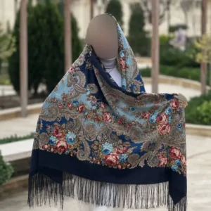 روسری پشمی اصیل ترکمن طرح آیلین آبی سایز 148 در 148 سانتی متر