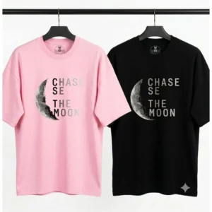 تیشرت نخ پنبه مردانه و زنانه فانتزی CHASE THE MOON رنگ مشکی و صورتی