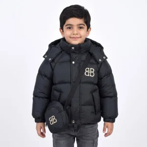 کاپشن باکسی پفکی پسرانه مشکی شمعی همراه کیف